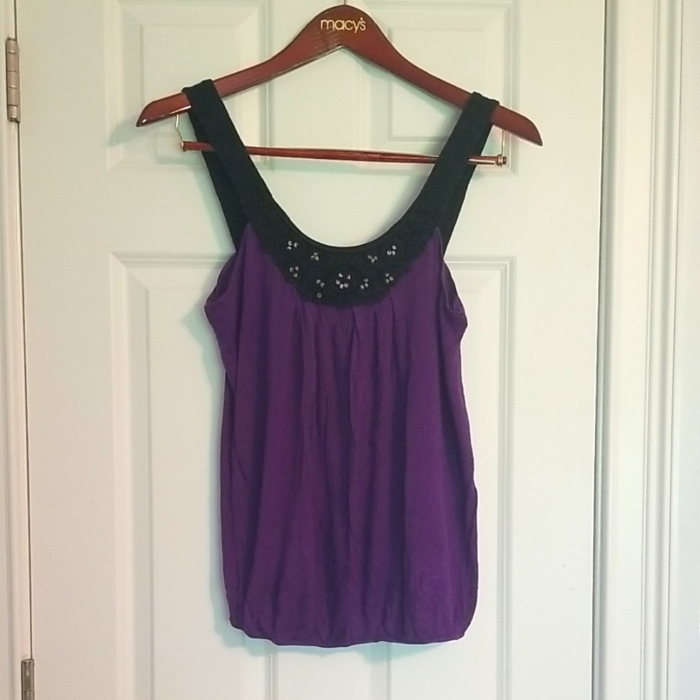 Purple and Black Flowy Tank Top With Beads, Size M,  Brand- Wrapper